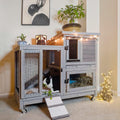 Large Wooden Rabbit Hutch with Wheels and Two Trays - Easy Clean