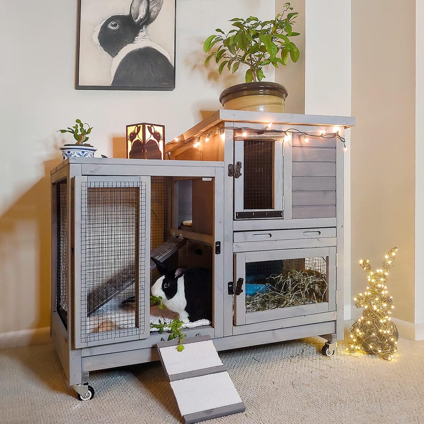 Large Wooden Bunny House with Wheels for Rabbits and Guinea Pigs