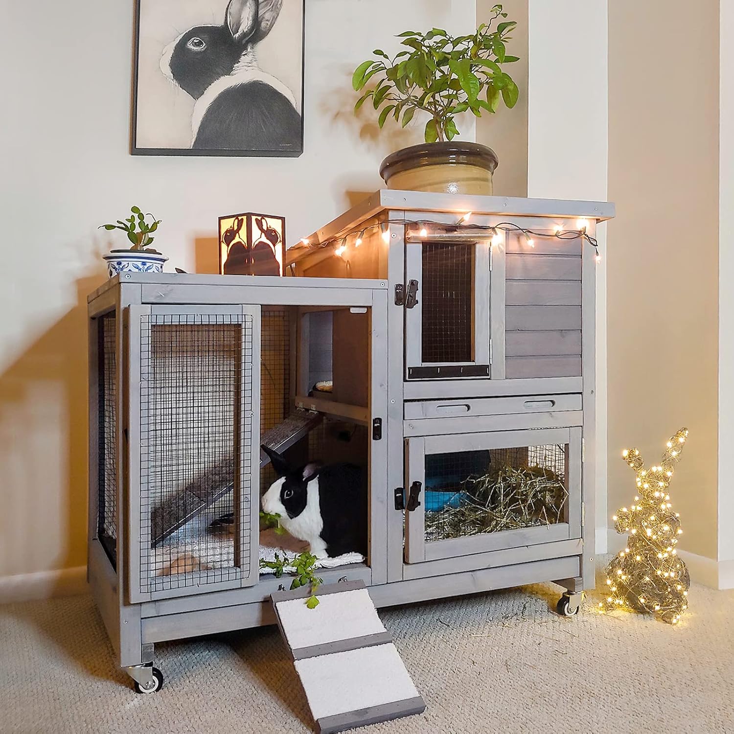Large Wooden Bunny House with Wheels for Rabbits and Guinea Pigs