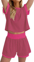 Stripe Knit 2-Piece Lounge Set Women - Soft Ribbed Summer Shorts Set