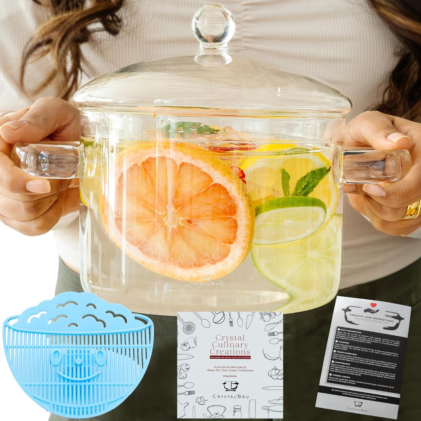 2L Clear Glass Simmer Pot with Lid & Strainer for Cooking