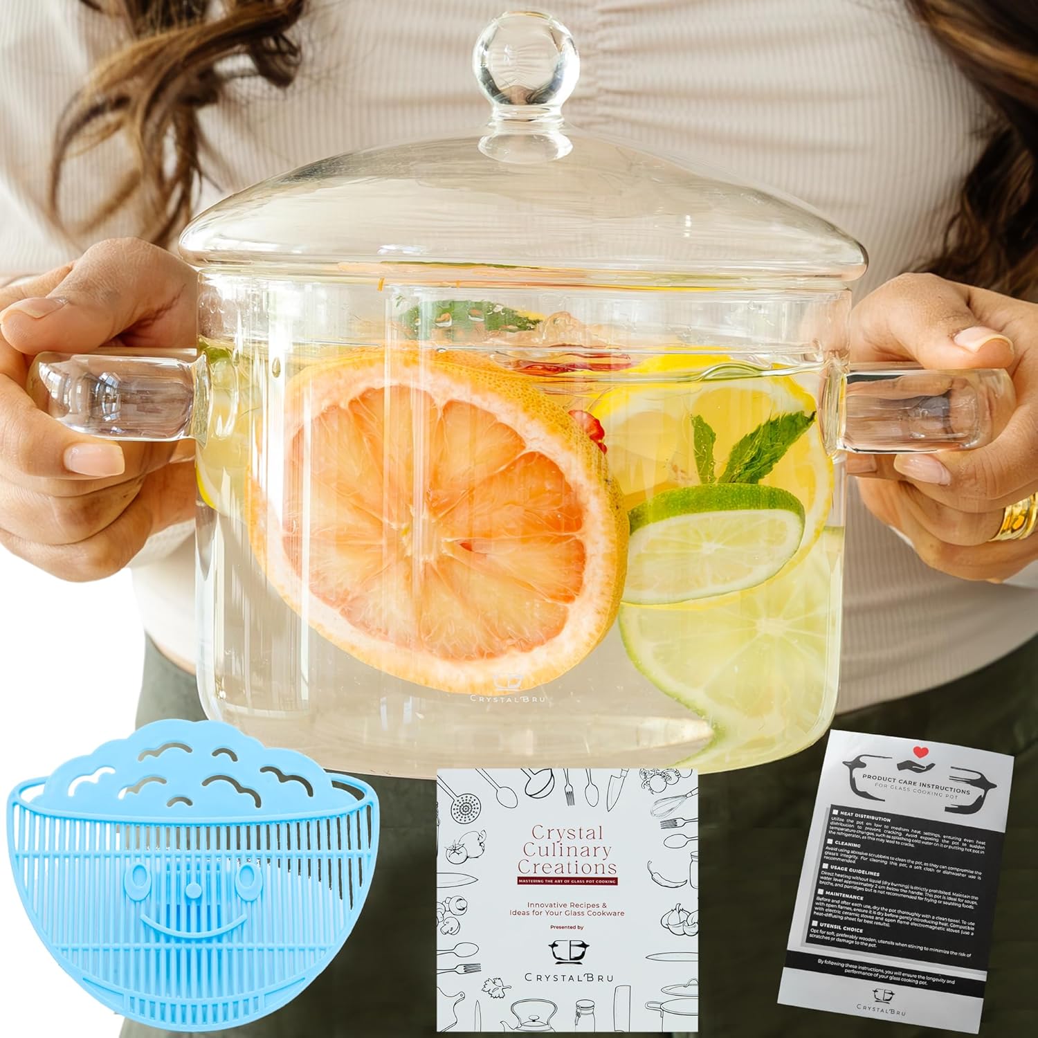 2L Clear Glass Simmer Pot with Lid & Strainer for Cooking
