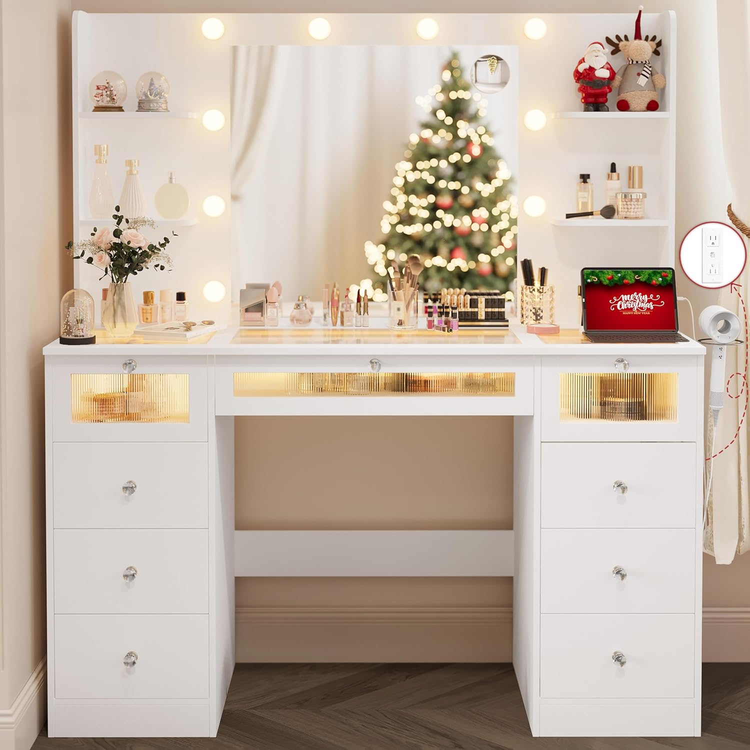 Stylish White Vanity with Lighted Mirror and Storage Options