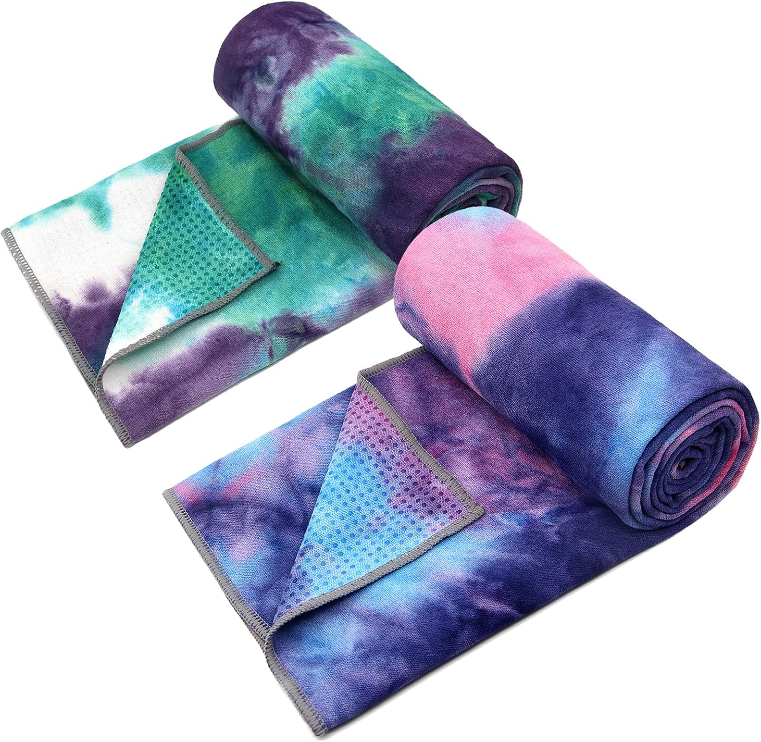 Eunzel 2-Pack Non-Slip Hot Yoga Towels - Grip Dots, Sweat Absorbent, 24x72, Purple & Blue/Green