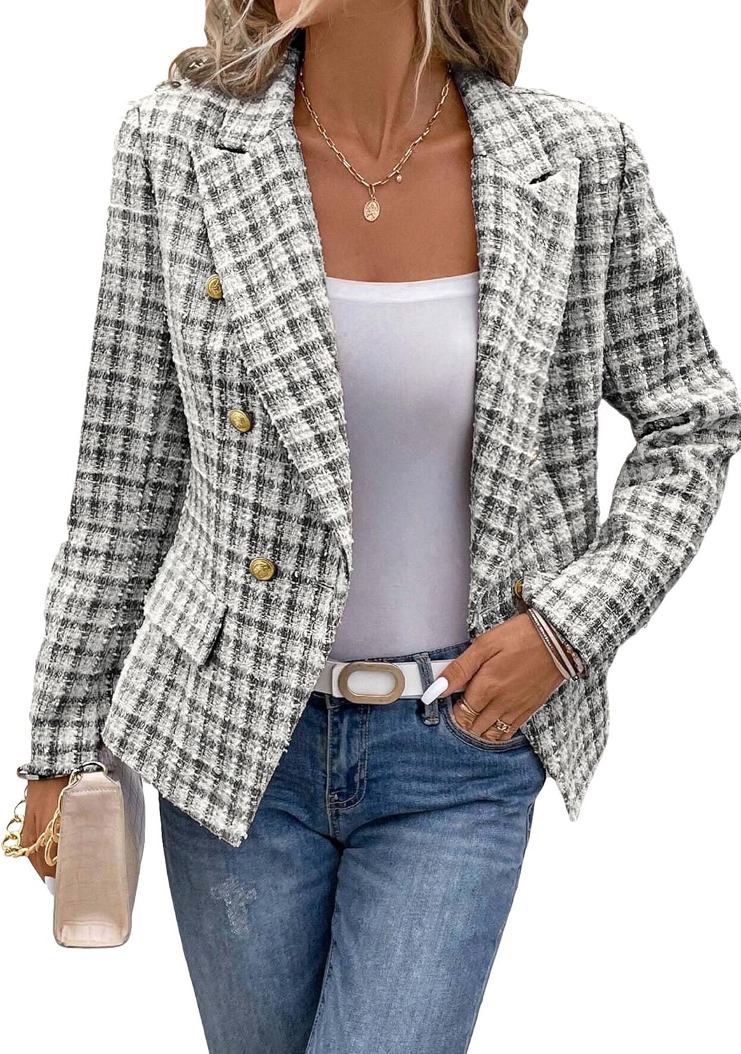 Mina Self Fall Women's Tweed Plaid Blazer Jacket for Work