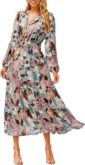 Women's Floral Boho Long Sleeve Maxi Dress V Neck - Flowy