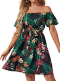 Womens Off Shoulder Ruffle Floral Summer Wedding Guest Dress Casual
