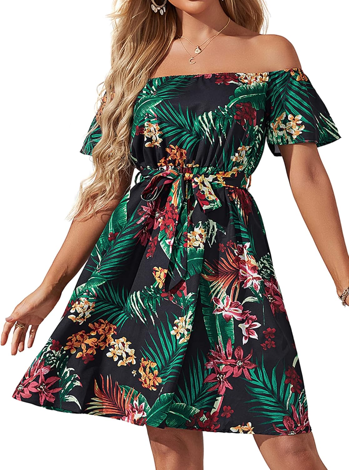 Womens Off Shoulder Ruffle Floral Summer Wedding Guest Dress