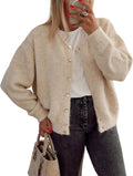 Women's Long Sleeve Front Button Cardigan Sweaters - Loose Crew Neck