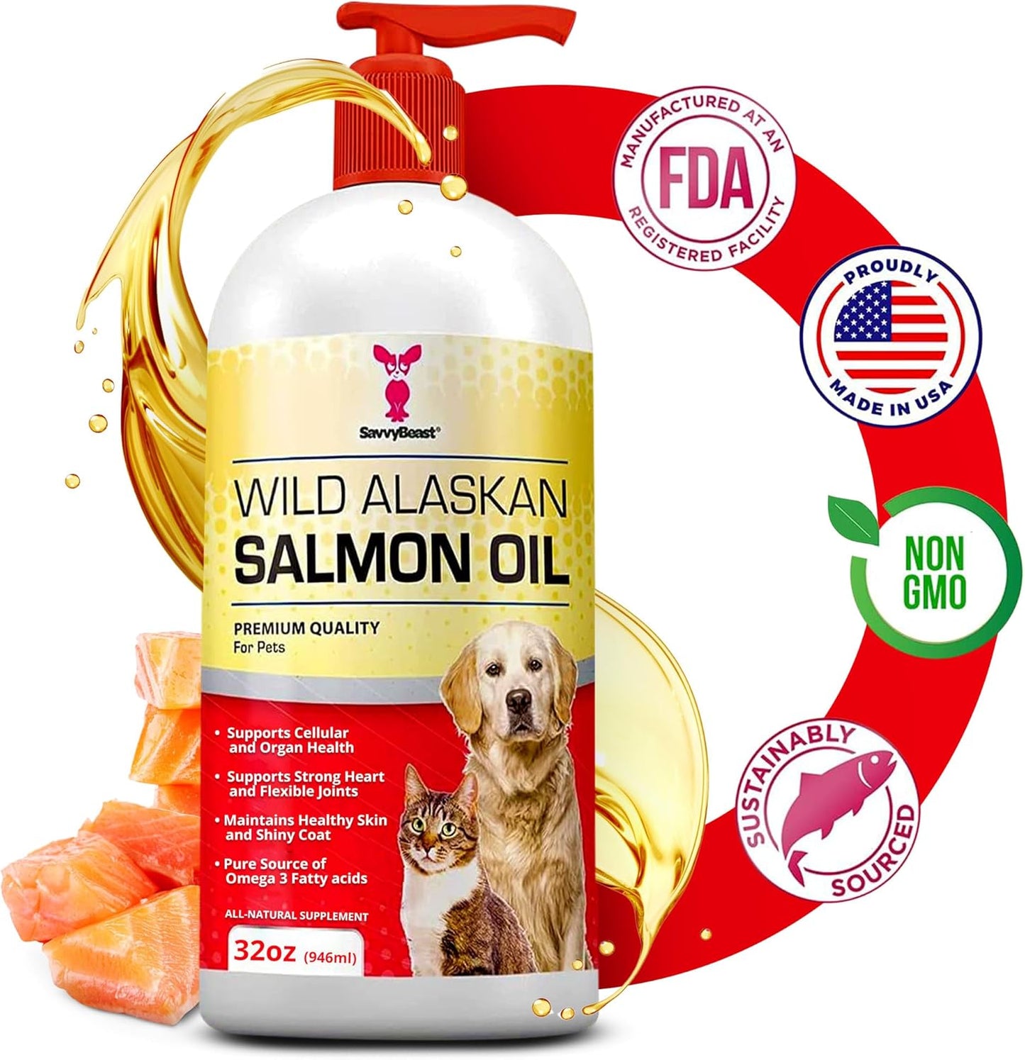 SavvyBeast Wild Alaskan Salmon Oil for Dogs, Cats & Ferrets