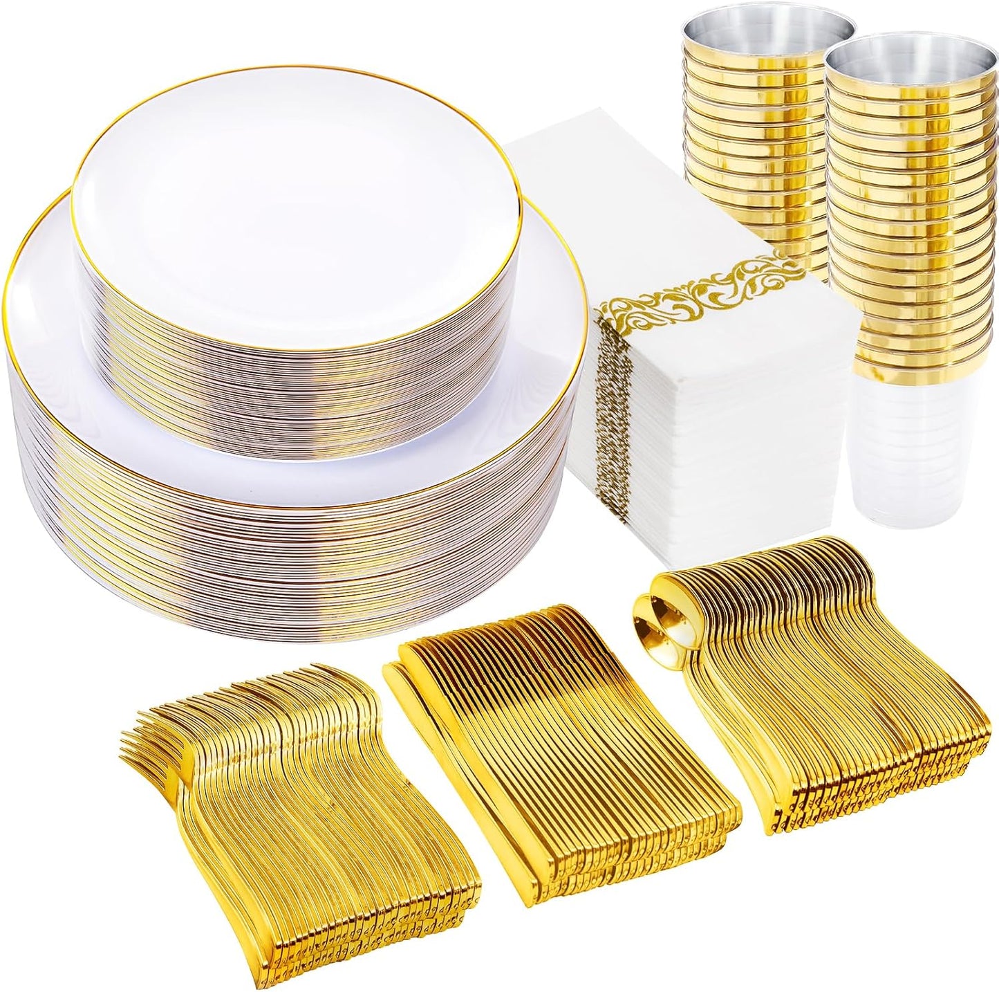 Chic 350pcs Gold & White Plastic Dinnerware Set