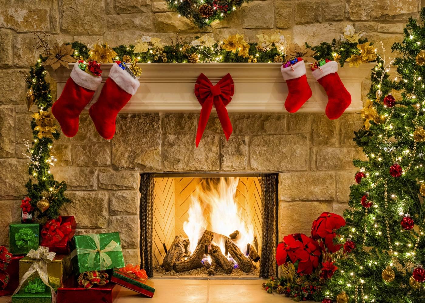 12X10FT Christmas Themed Fireplace Vinyl Backdrop for Photos