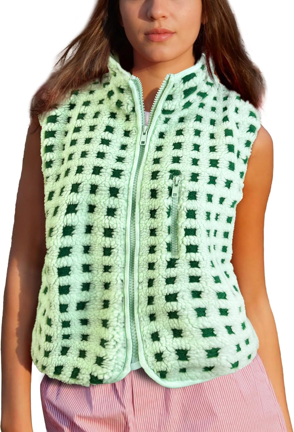Womens Checkered Sherpa Vest for Stylish Winter Outfits