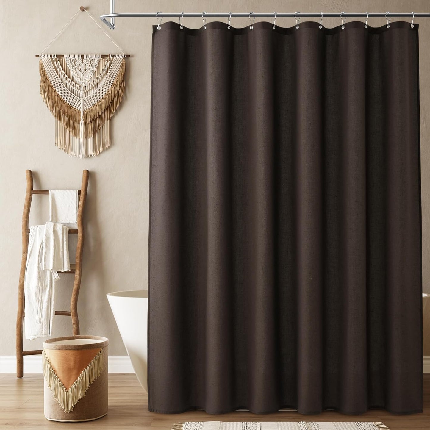 Naturoom Chocolate Brown Linen Shower Curtain for Farmhouse Decor