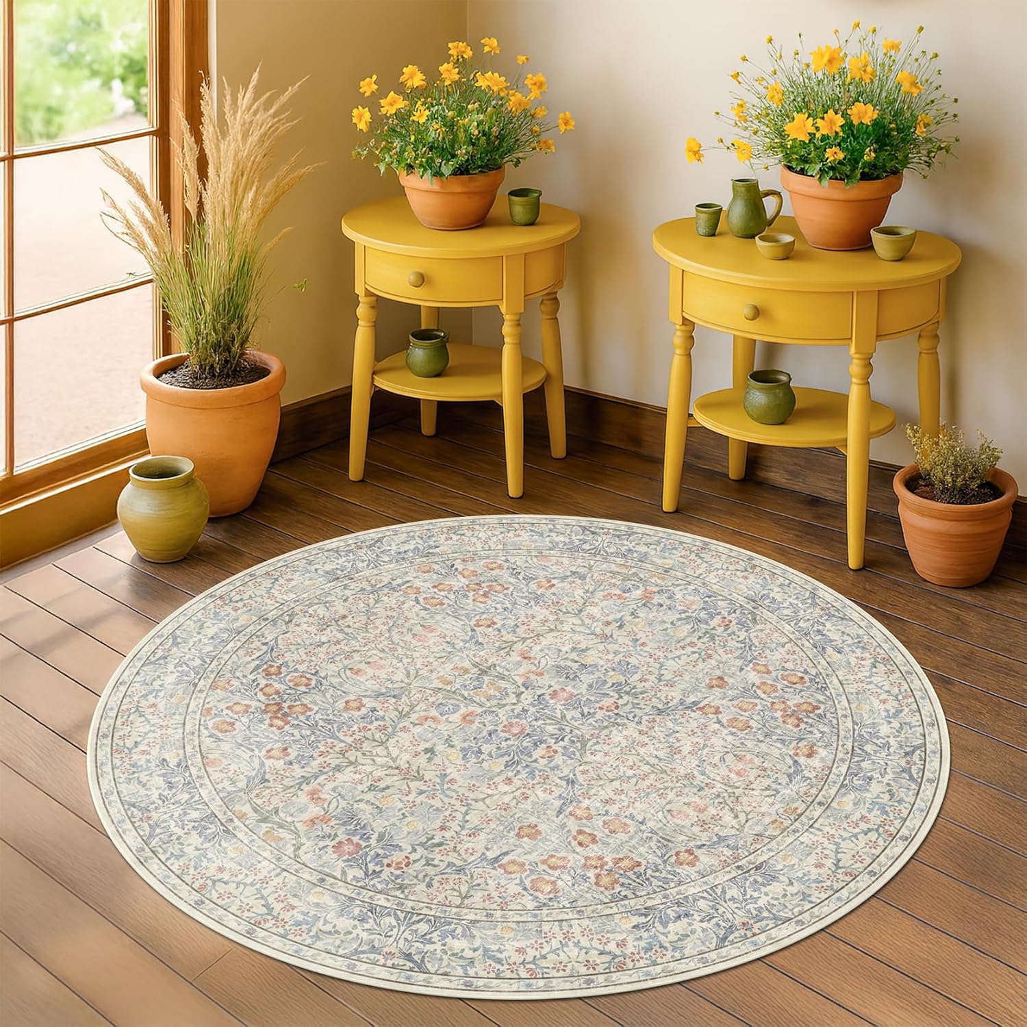 Beige Blue 4ft Round Rug for Nursery and Living Room Decor