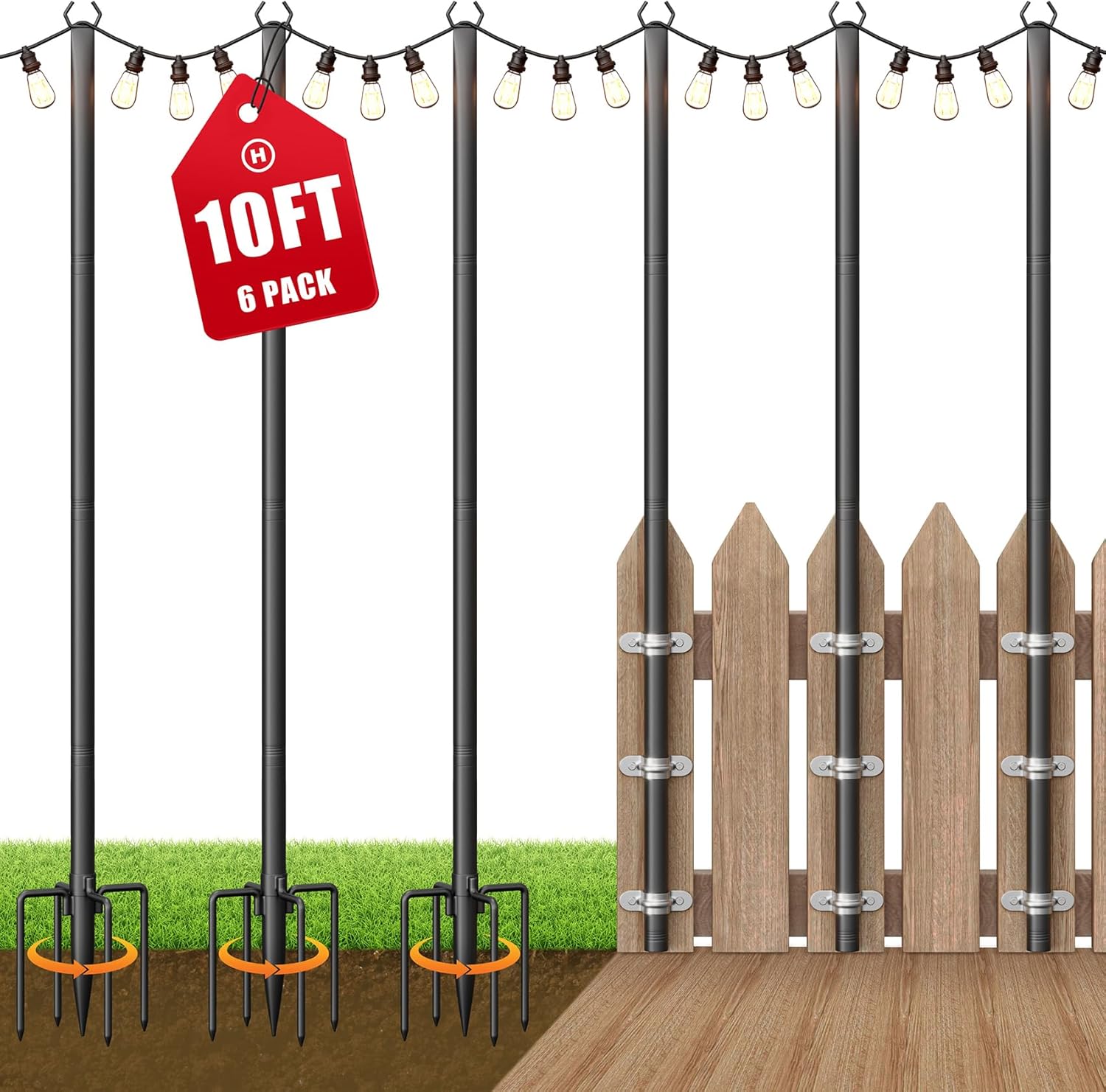 10Ft Adjustable Outdoor Light Poles for String Lights - 6 Pack