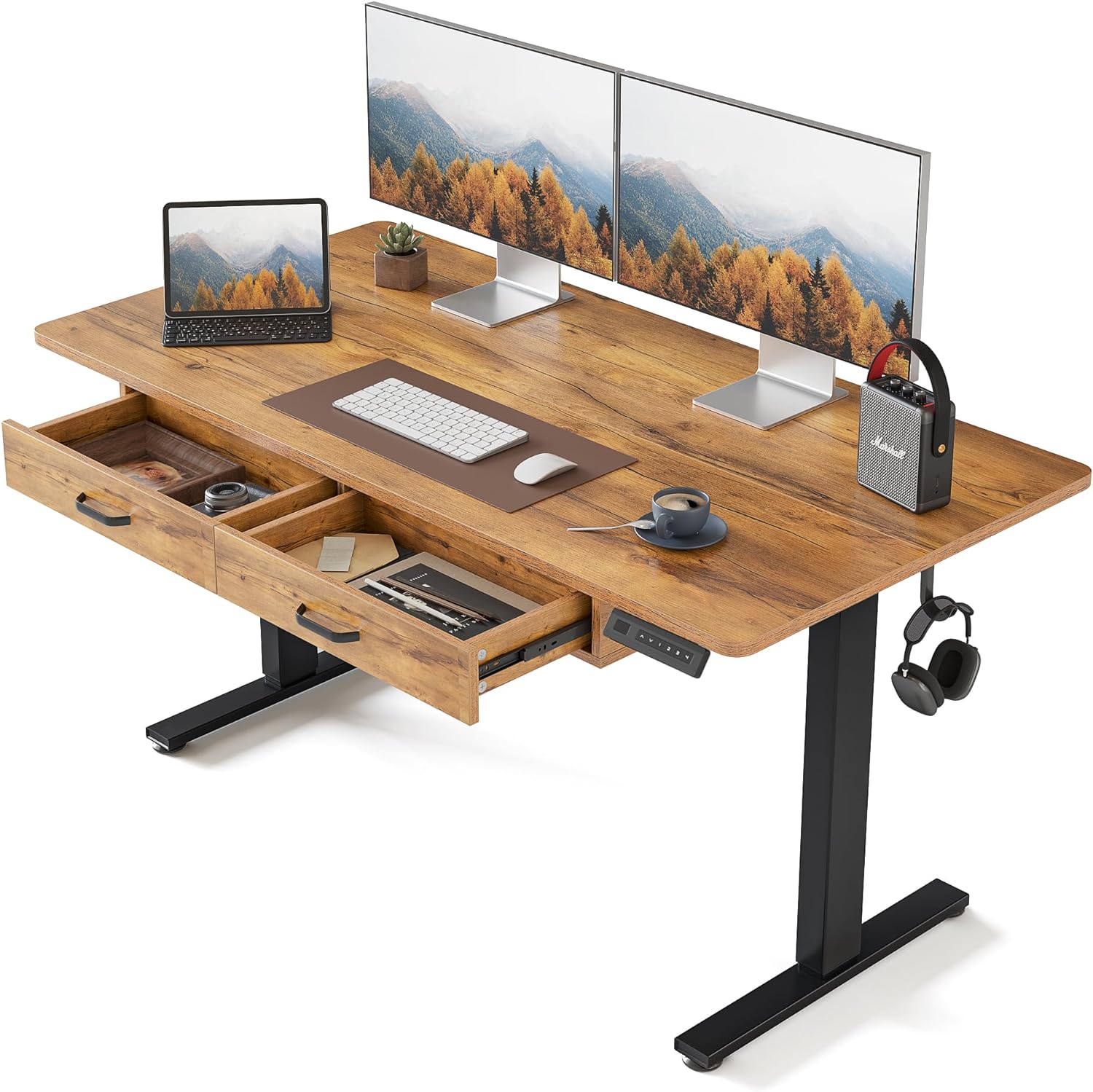FEZIBO Electric Standing Desk: Adjustable Height, Double Drawer, Splice Tabletop