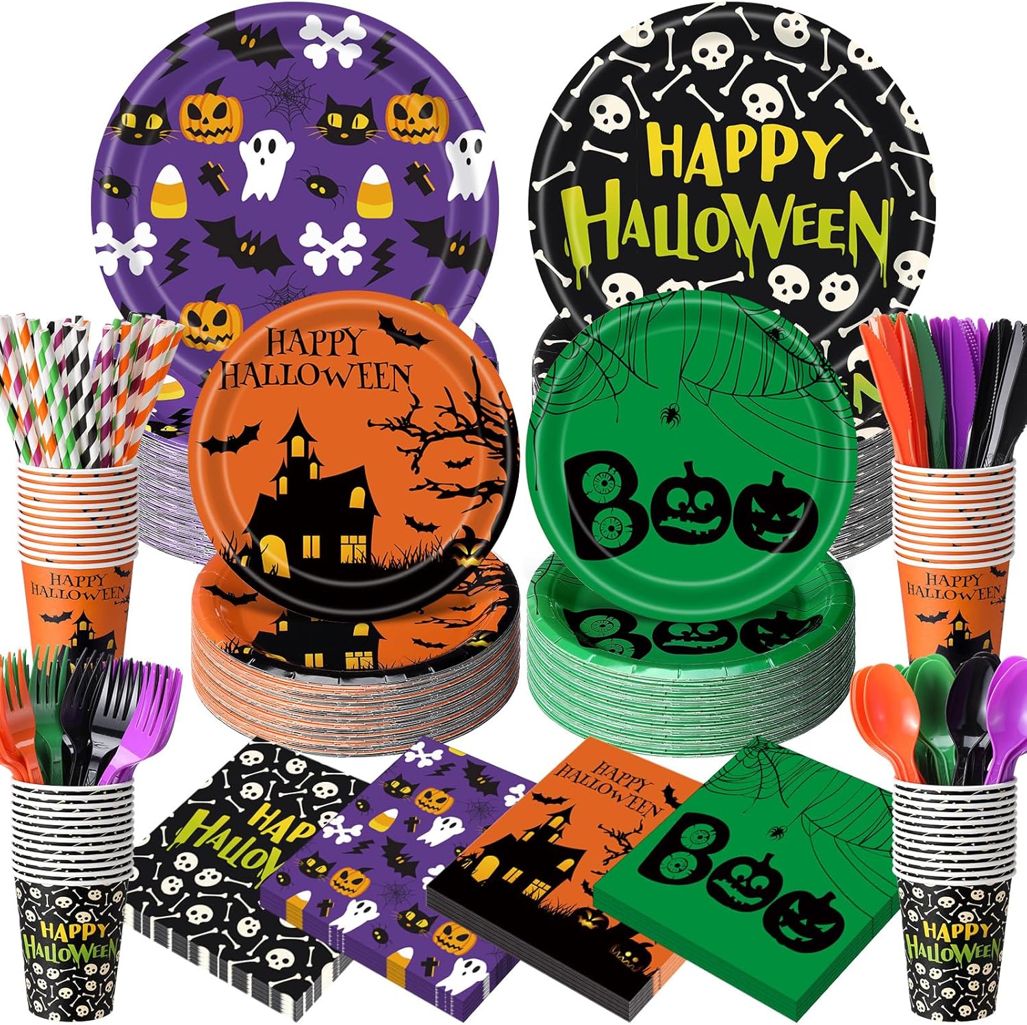 450 Pcs Happy Halloween Tableware Set for Spooky Parties