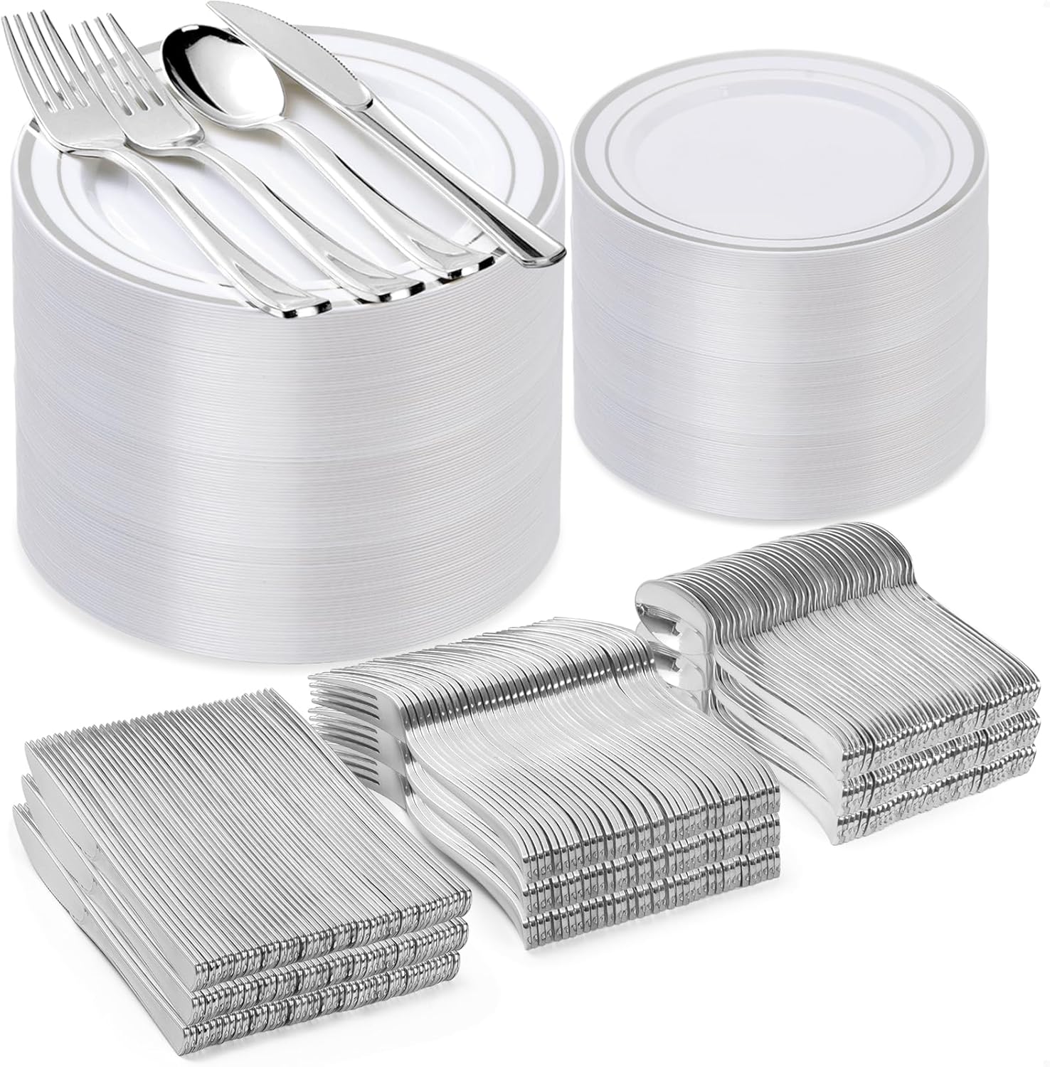 600PCS Silver Plastic Plate Set for 100 Guests - Perfect Dinnerware