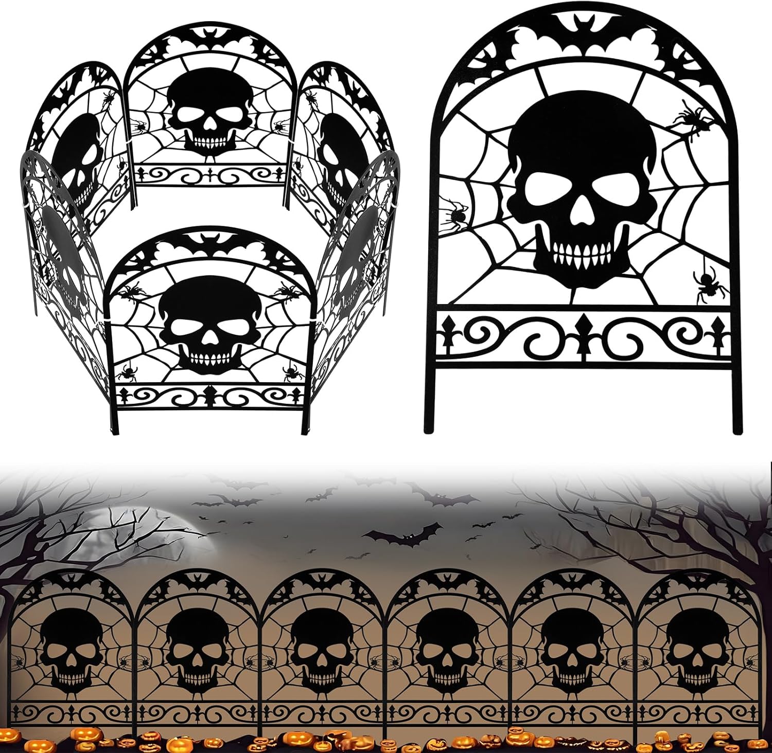 6 Pack Halloween Skull Fence Outdoor Decoration for Spooky Vibe