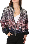 Womens Sequin Bomber Jacket - Sparkly Zip Up Concert Coat