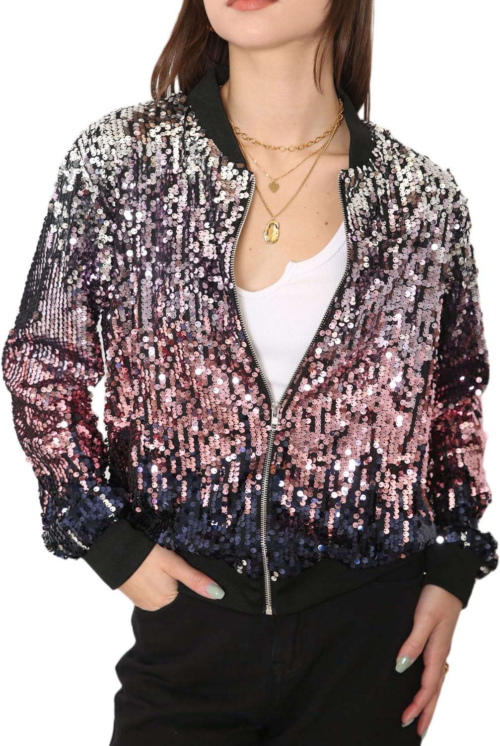 Sparkly Zip Up Bomber Jacket for Concerts and Parties