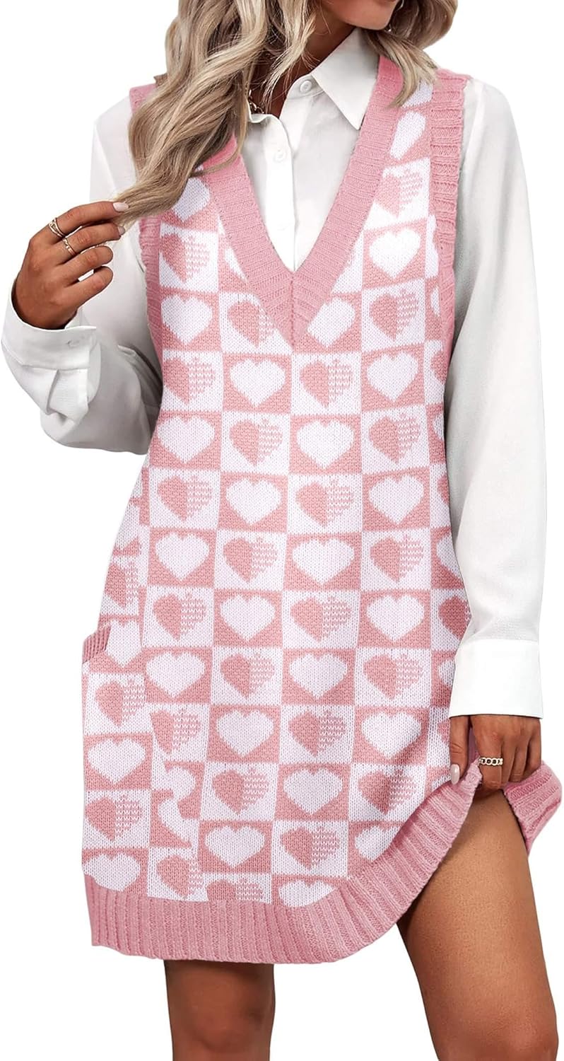 Stylish V Neck Sweater Vest Dress with Pockets for Women