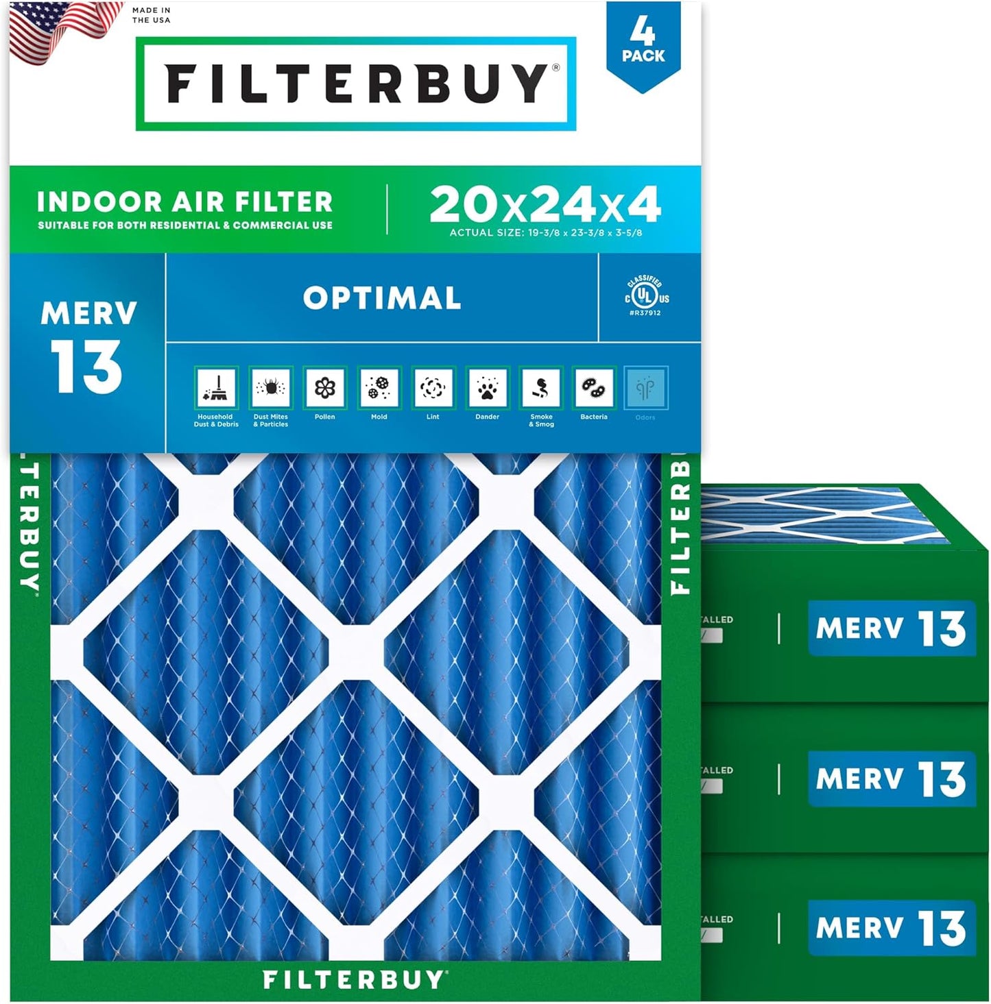Filterbuy 20x24x4 Air Filter MERV 13 for Smoke & Allergy Defense