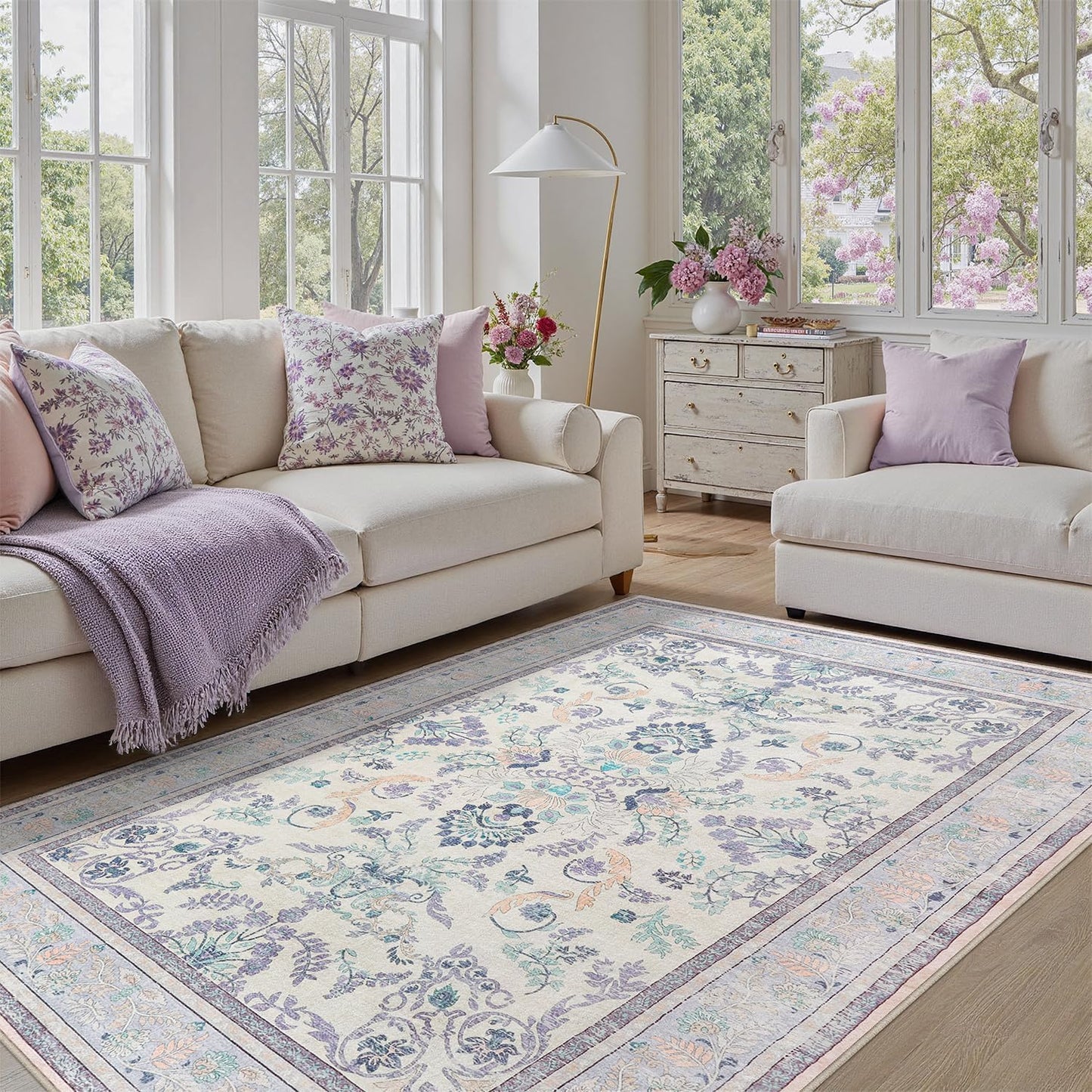 Botanical Floral Washable Area Rug 4x6 in Purple and Beige