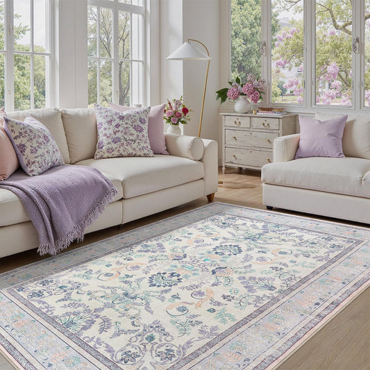 Botanical Floral Washable Area Rug 4x6 in Purple and Beige