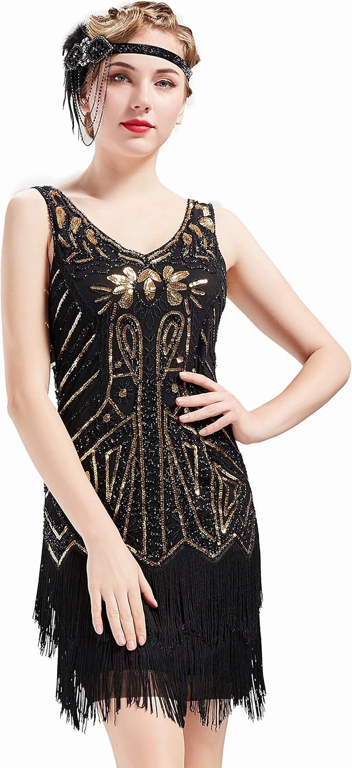 Elegant 1920s V Neck Beaded Flapper Dress for Gatsby Events