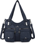 Washed Leather Large Women's Tote Handbag - Double Zipper, Multi