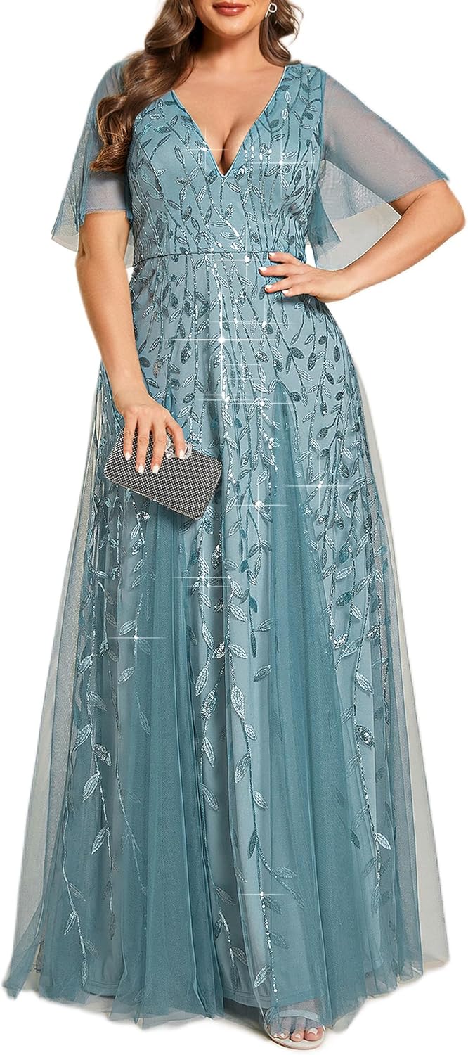 Elegant Plus Size V-Neck Sequin A-Line Evening Dress for All Occasions