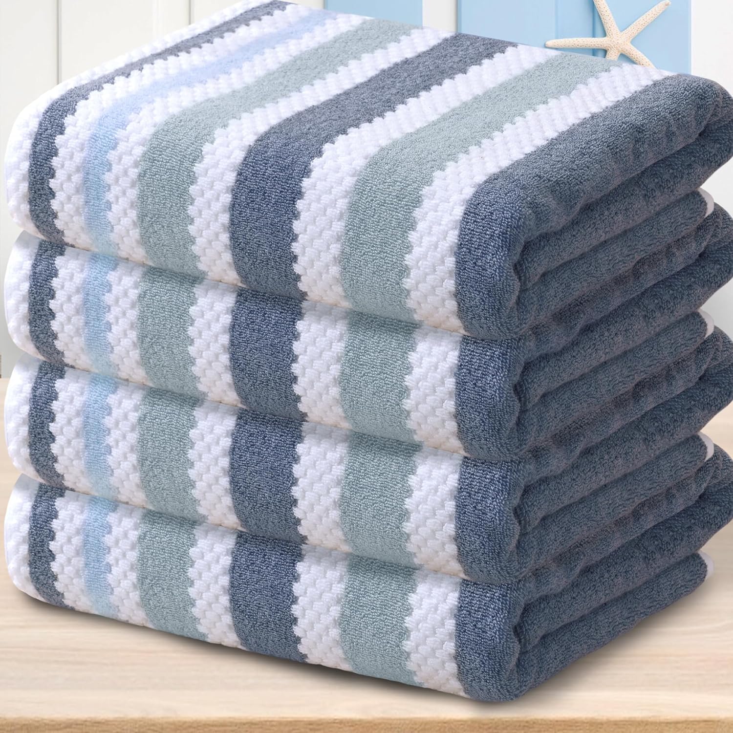 Striped Bath Towels Set of 4 - Quick Dry & Lightweight Design