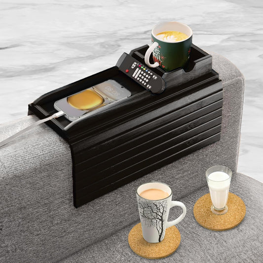 Couch Cup Holder with Cork Coasters - Anti-Slip Sofa Tray