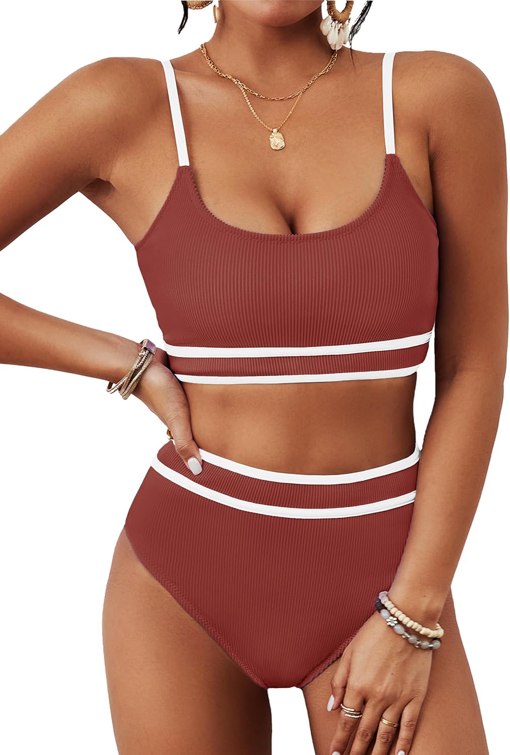 BMJL Women's High Waisted Bikini Ribbed Two Piece Swimsuit