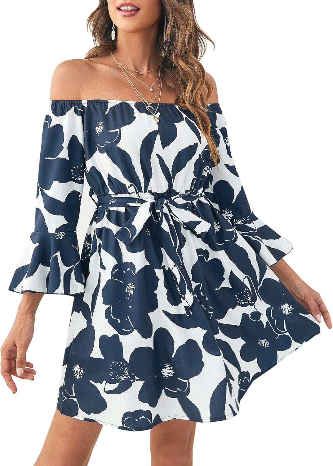 Womens Off Shoulder Ruffle Floral Summer Wedding Guest Dress