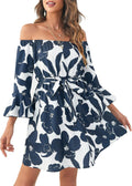 Womens Off Shoulder Ruffle Floral A-Line Skater Dress - Flowy Summer