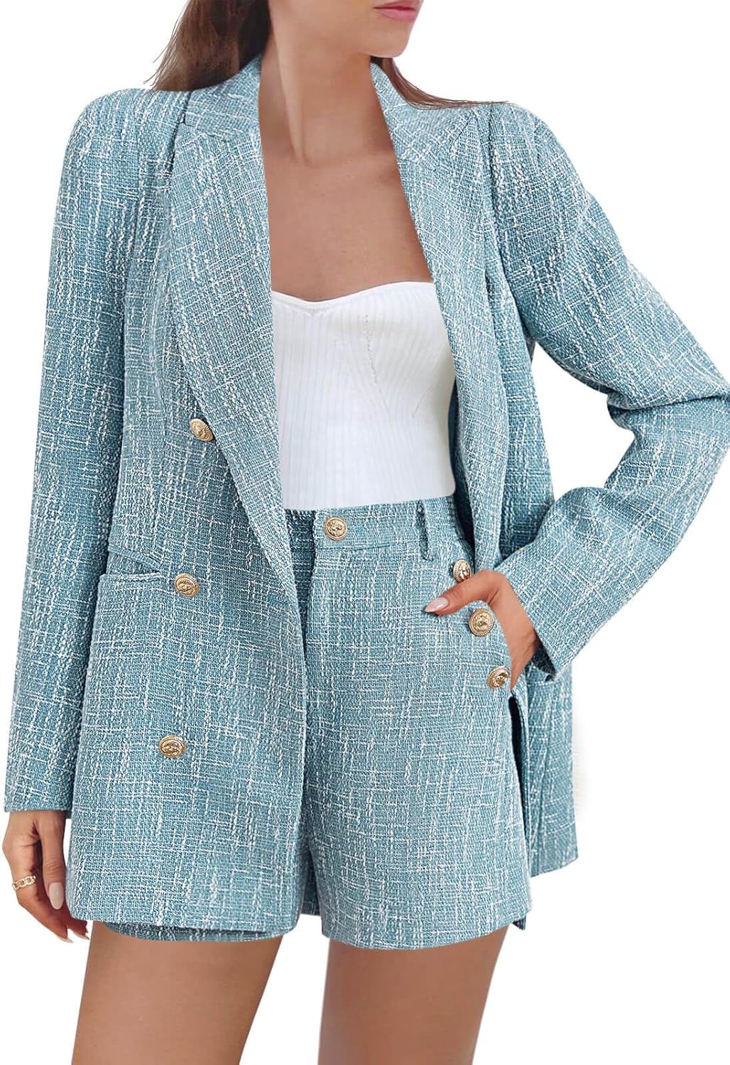 Cicy Bell Womens 2 Piece Tweed Blazer Shorts Sets for Business