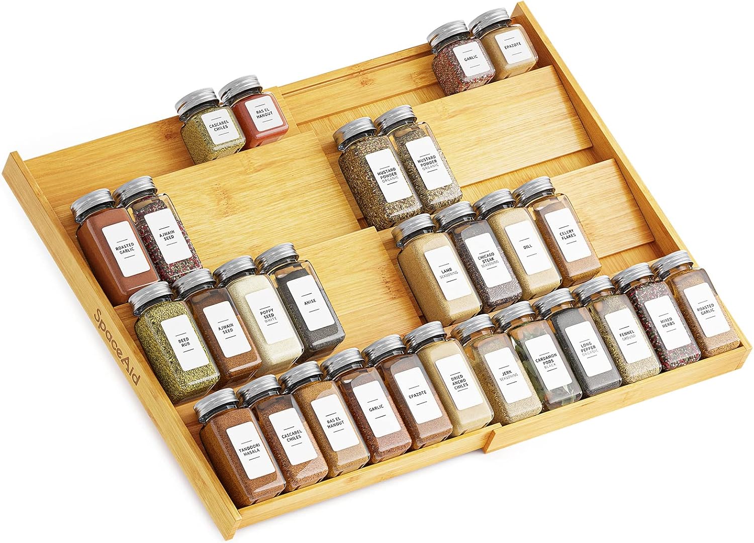 SpaceAid Bamboo Spice Drawer Organizer for Neat Kitchen Storage