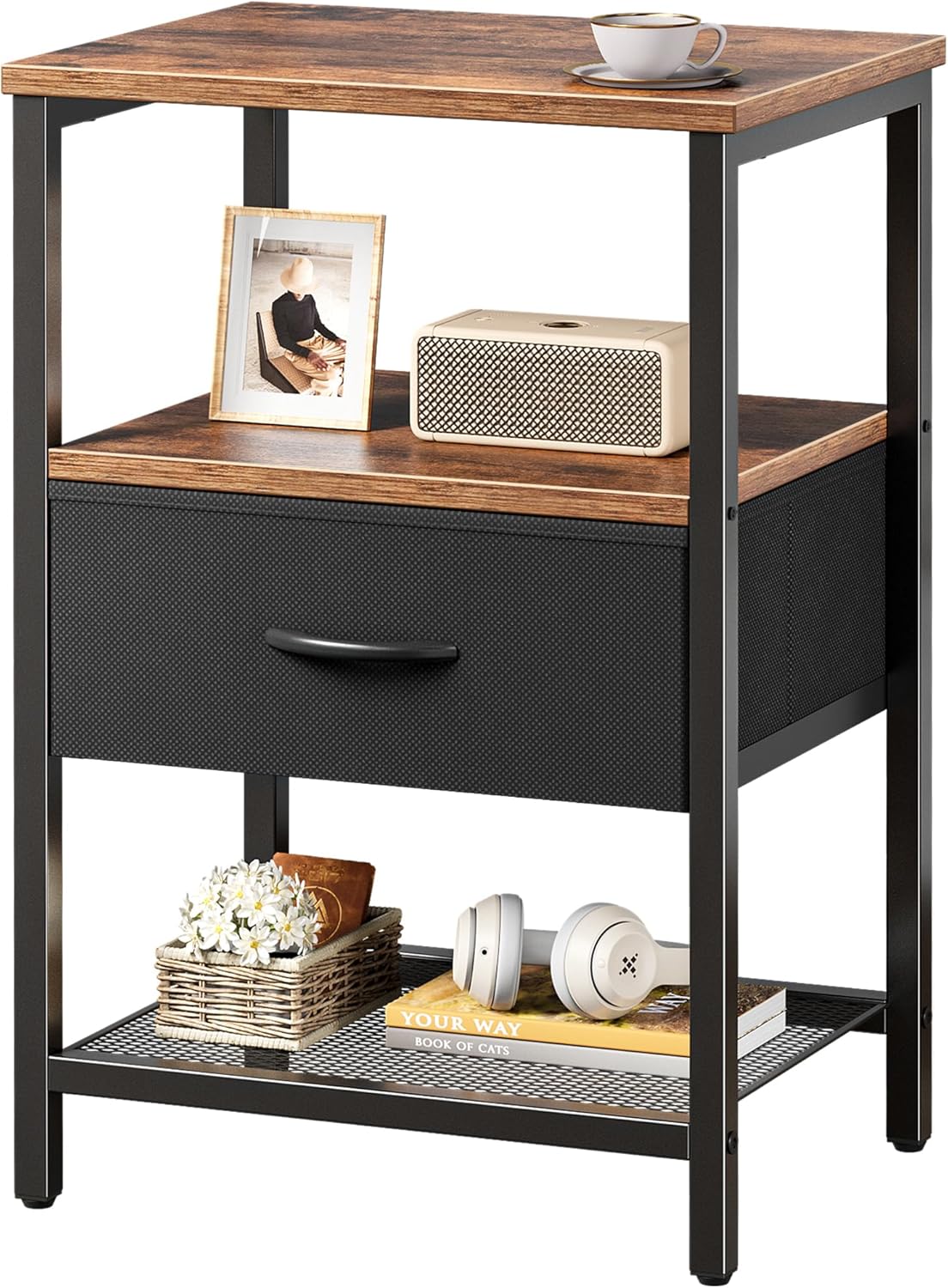 Huuger Night Stand with Fabric Drawer and Mesh Shelf for Storage