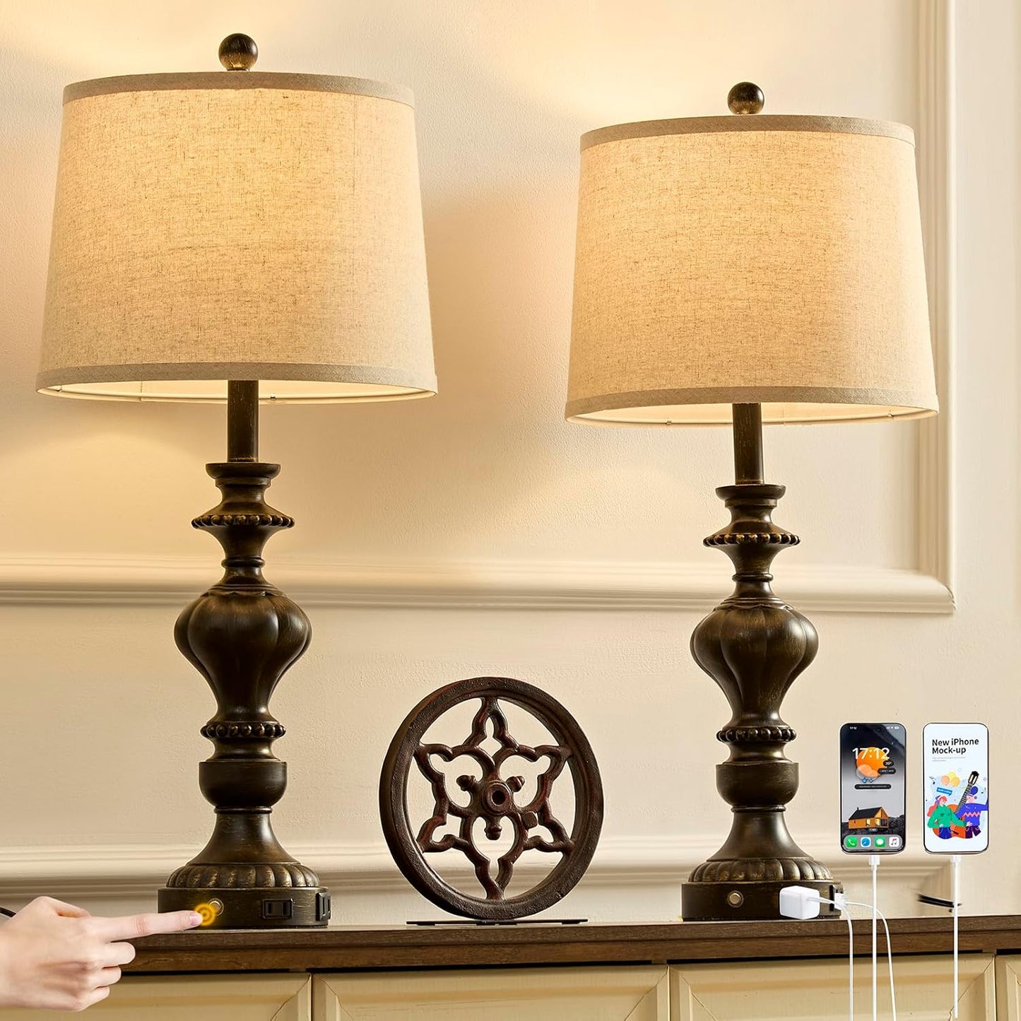 27.5 in Farmhouse Table Lamps Set of 2 with USB Ports