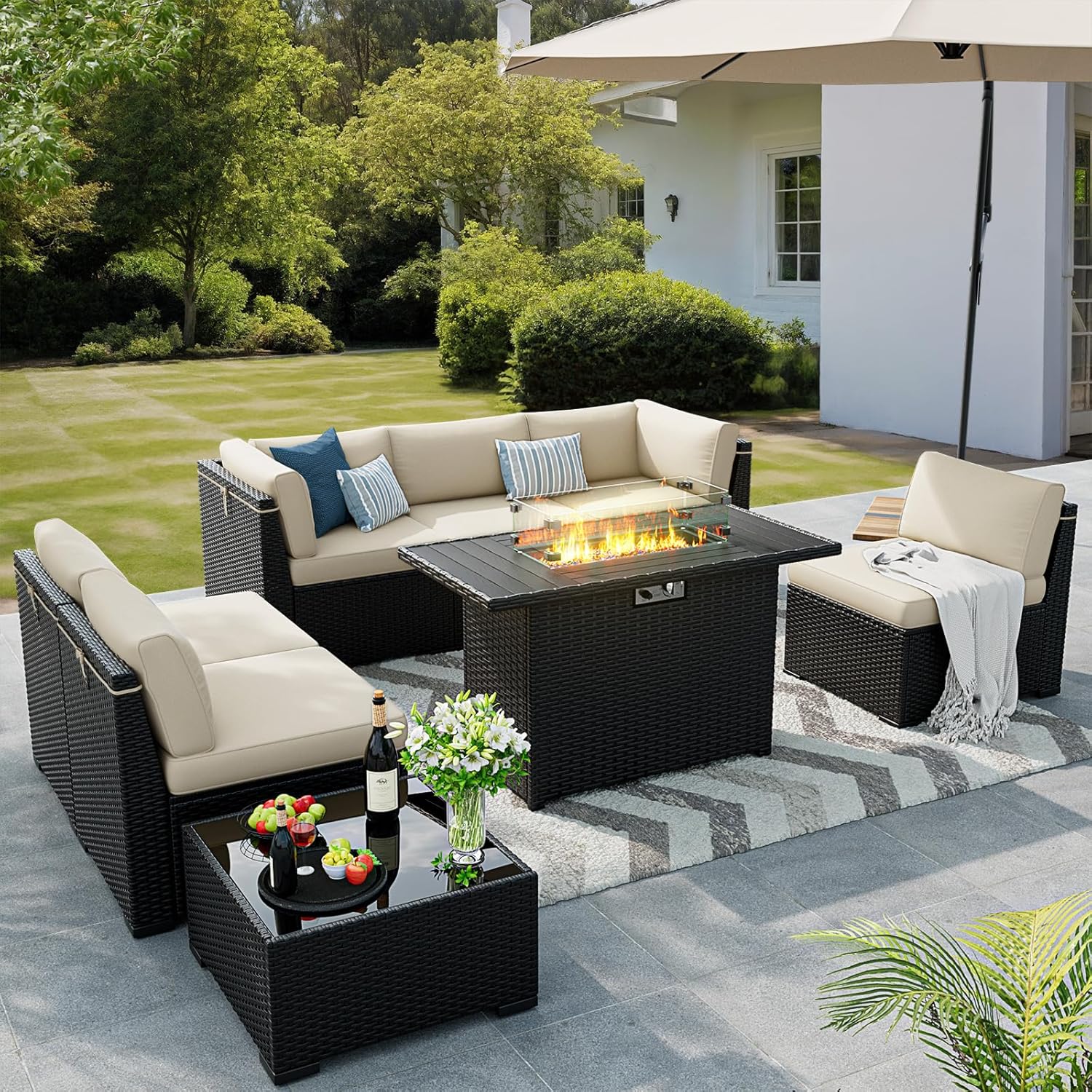 8 Pieces Outdoor Patio Furniture Set with Fire Pit Table