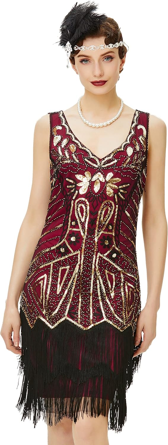 Elegant 1920s Flapper Dress with Beaded Fringes for Parties