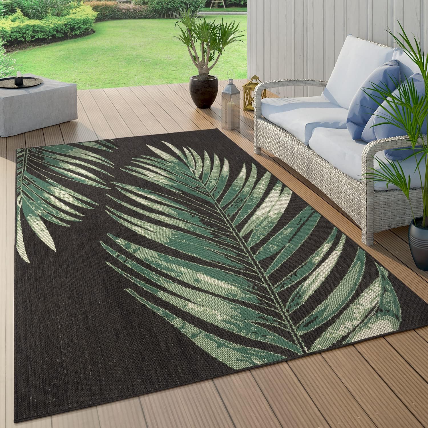 Outdoor Rug Black Green with Floral Palm Leaf Design Waterproof