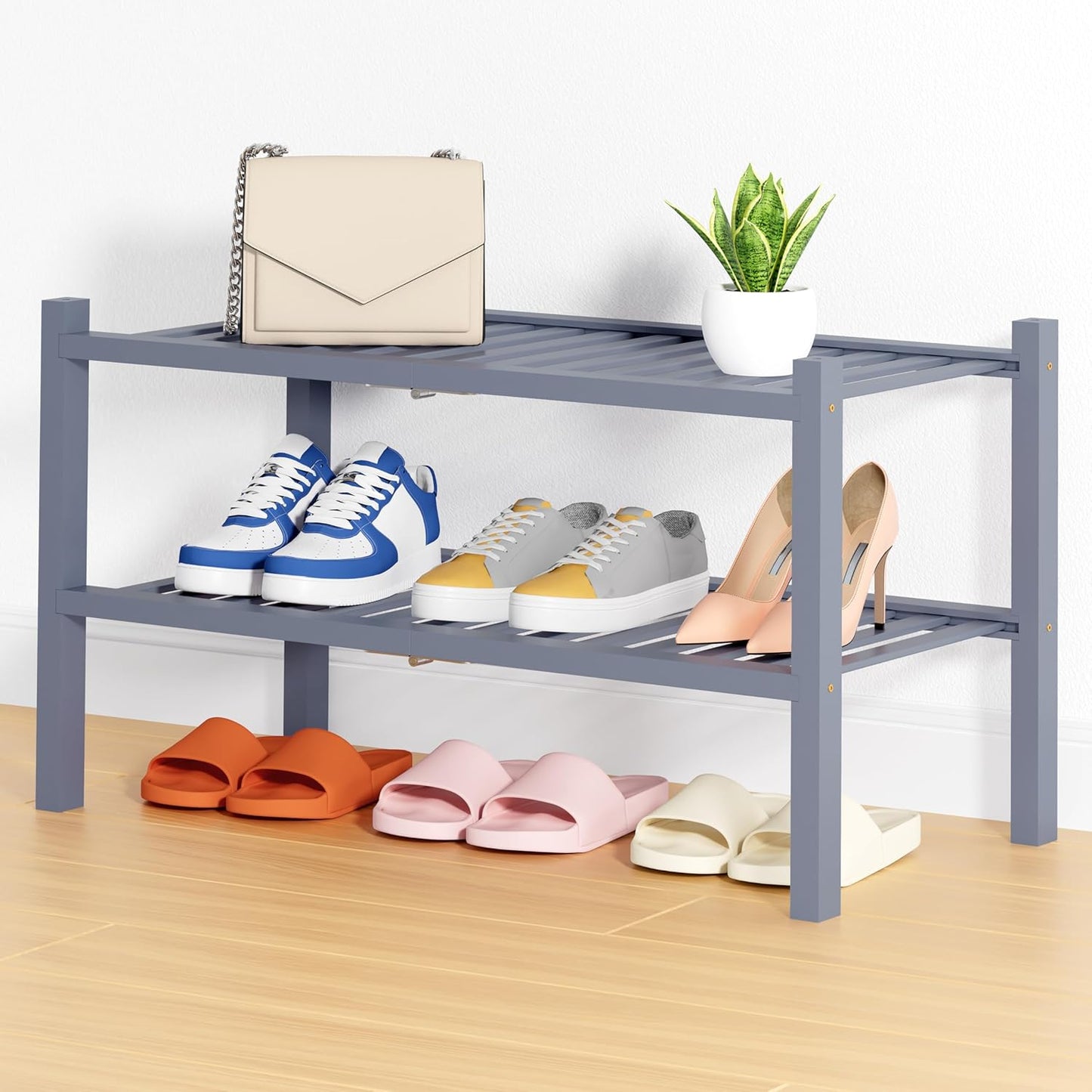 Smiry Shoe Rack 2 Tier Bamboo Organizer for Entryway Storage