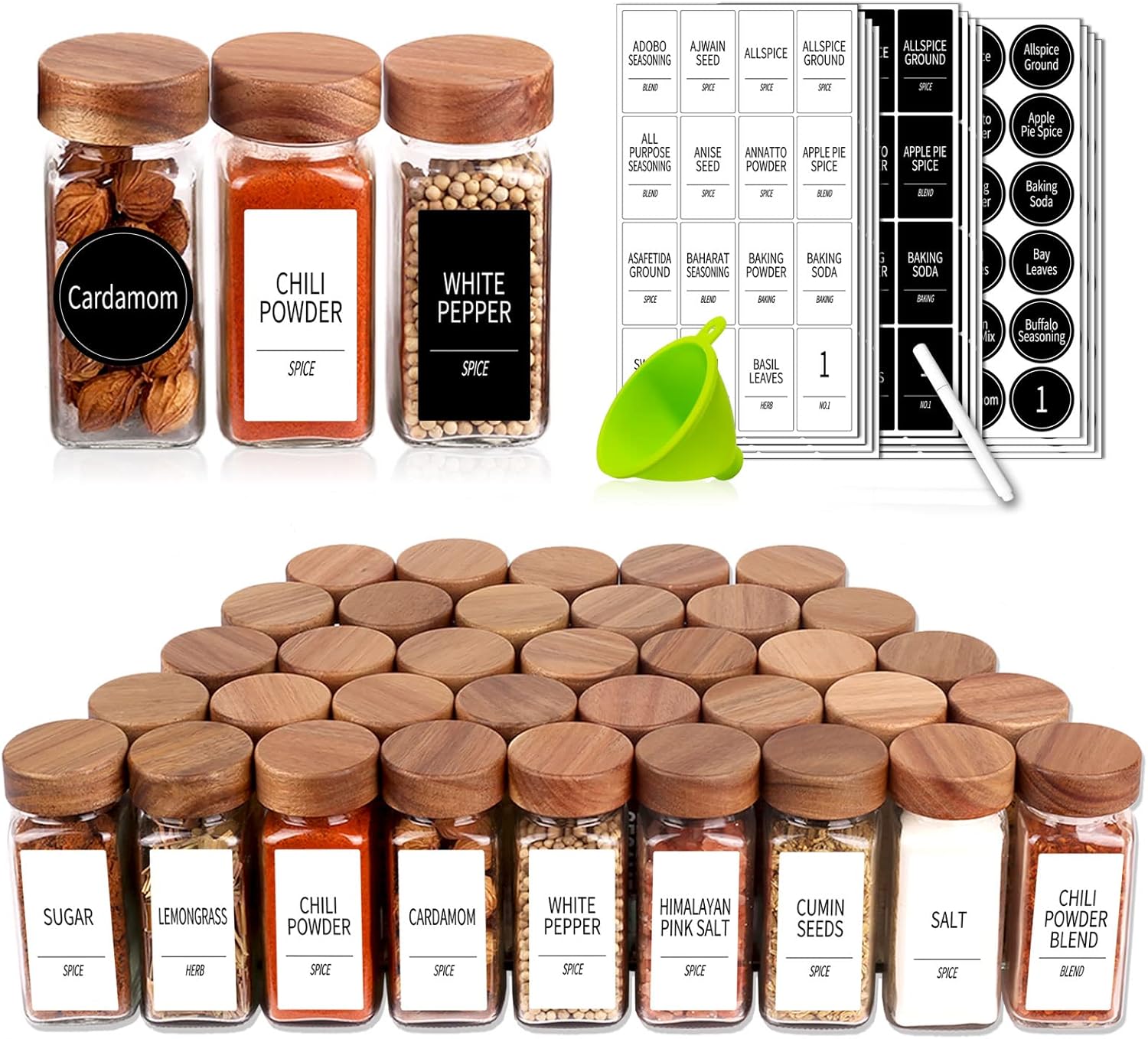 48 Glass Spice Jars with Labels and Shaker Lids for Organization