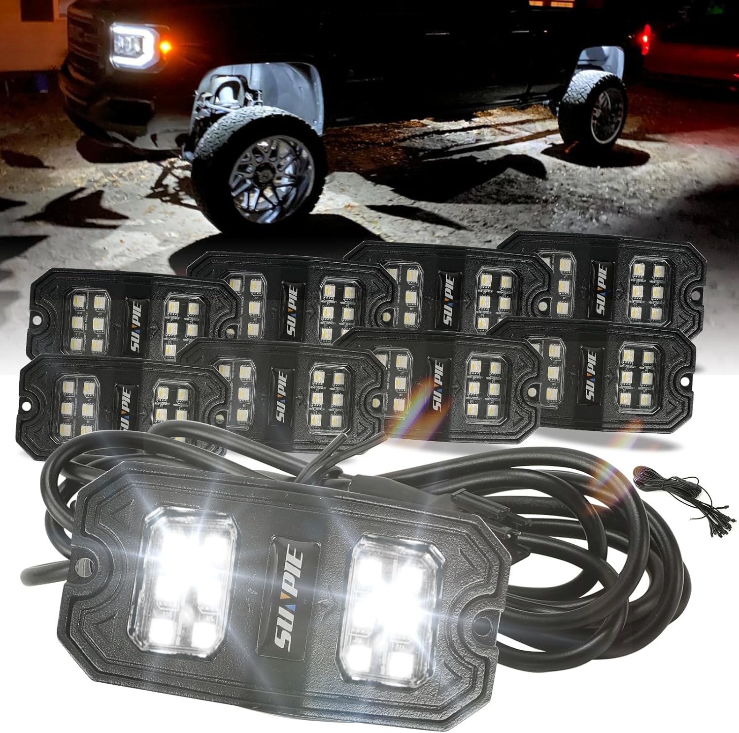 SUNPIE 8 Pods White Rock Lights for Trucks and SUVs, IP67 Waterproof