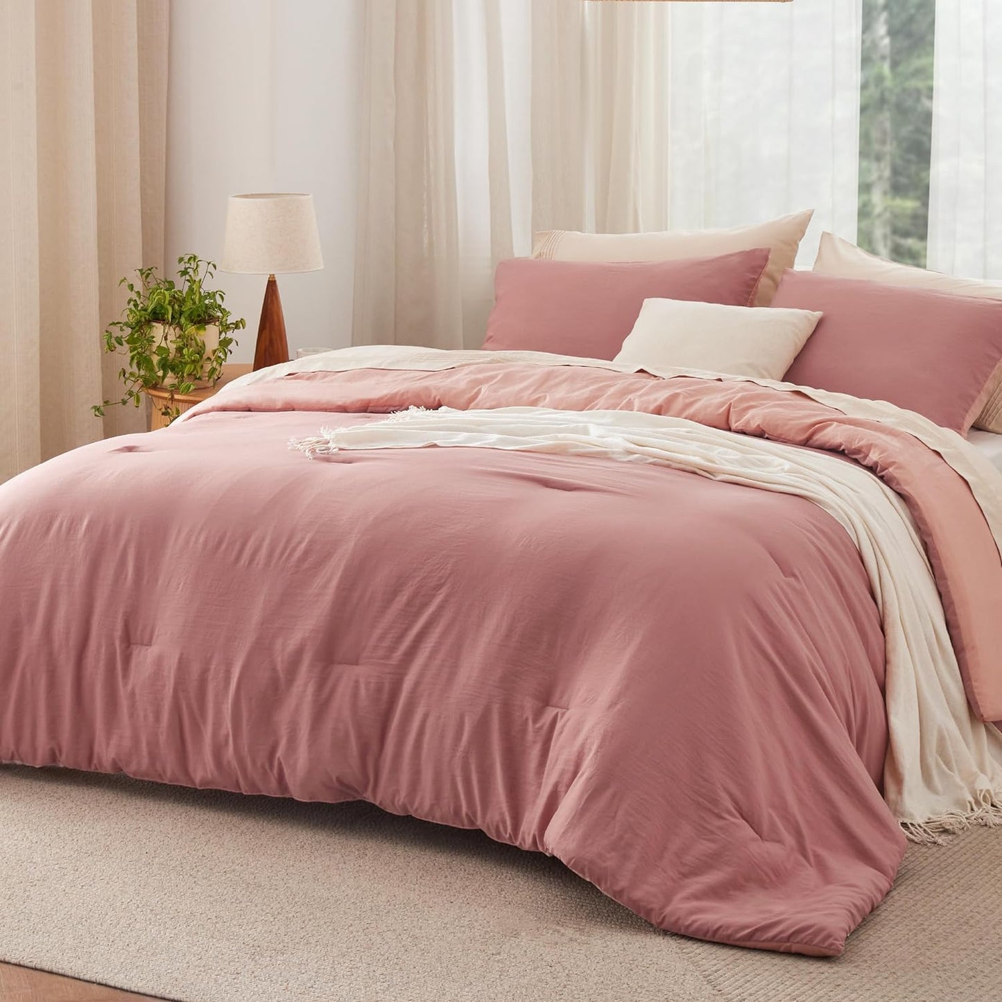 Bedsure Queen Size Comforter Set for All Seasons in Pink Clay