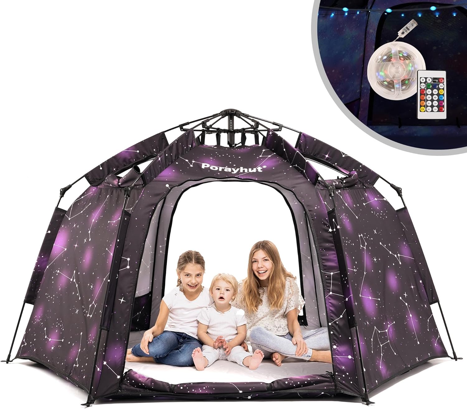 Portable Hexagon Kids Play Tent with LED Strip Lights for Fun